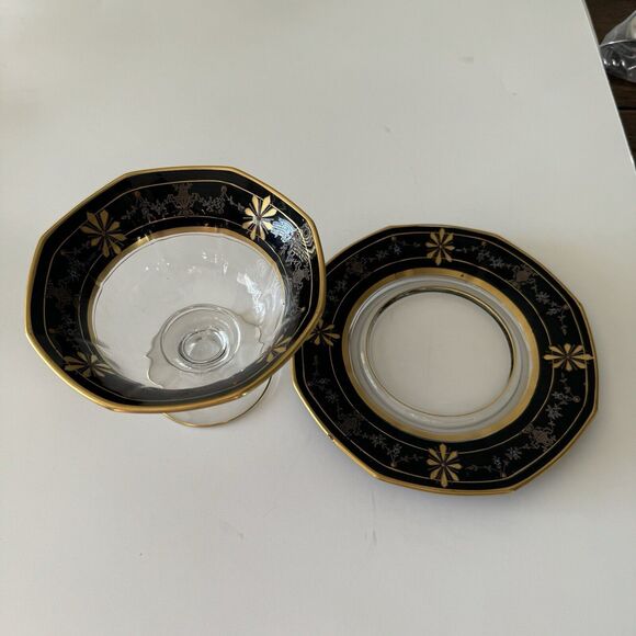 Vintage Glass Black Gold Rim Mayonnaise Compote Bowl Dish With Under Plate Set - Picture 4 of 8